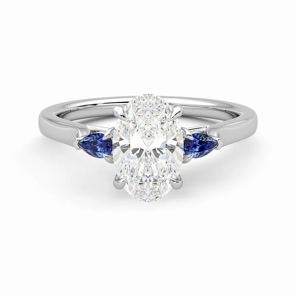 Party Detail Delicate Pair Three Stone Oval Cut Moissanite and Sapphire Engagement Ring with Hidden Anniversary Stone Accent