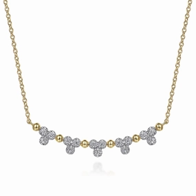 14K Yellow Gold Bujukan Bar Necklace with Diamond Trio Stations Fashion Statement Editorial Look
