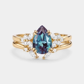 Cluster Pear Shaped Lab Alexandrite Chevron Gold Ring Set 2pcs - Anya Pure Brilliance