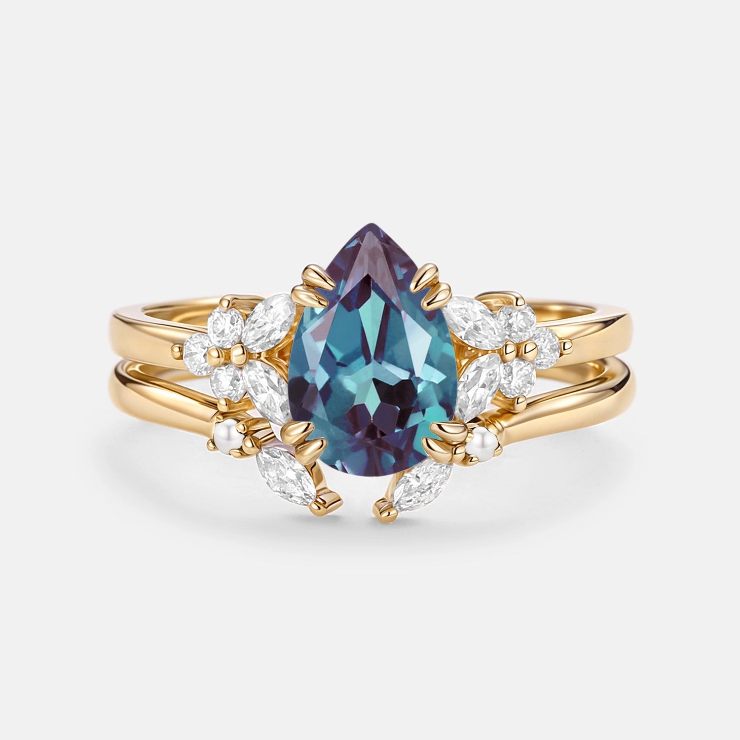 Cluster Pear Shaped Lab Alexandrite Chevron Gold Ring Set 2pcs - Anya Pure Brilliance