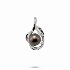 Maile Tahitian Black Pearl Pendant in White Gold with Diamond - 9-10mm Dainty Design Contemporary Feature