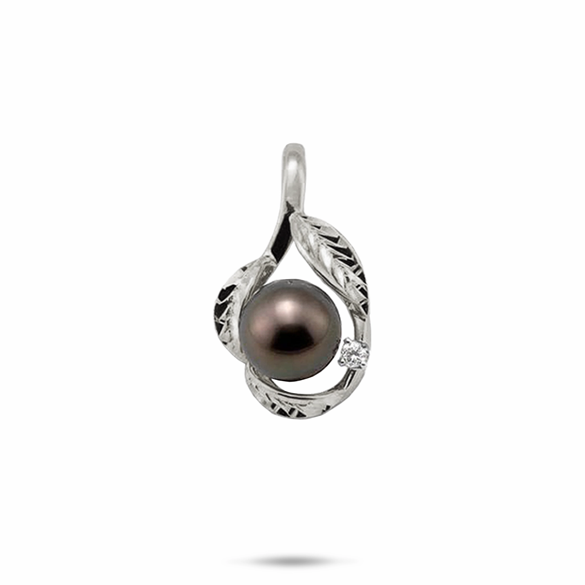 Luminous Look Maile Tahitian Black Pearl Pendant in White Gold with Diamond - 9-10mm
