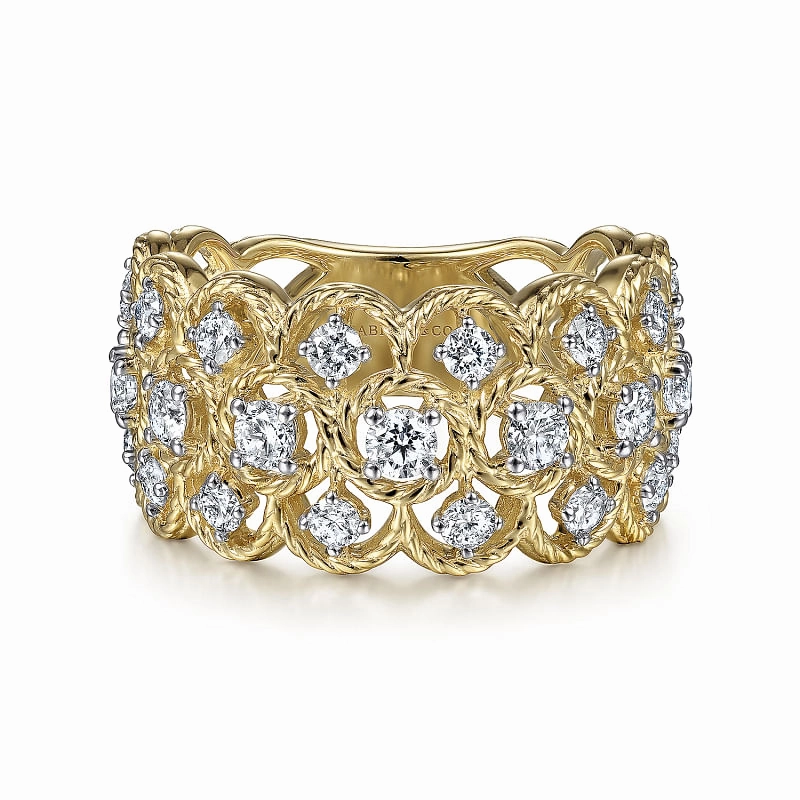 Wide 14K Yellow Gold Twisted Rope Diamond Wide Band Ring Quick Shine Engagement Accent