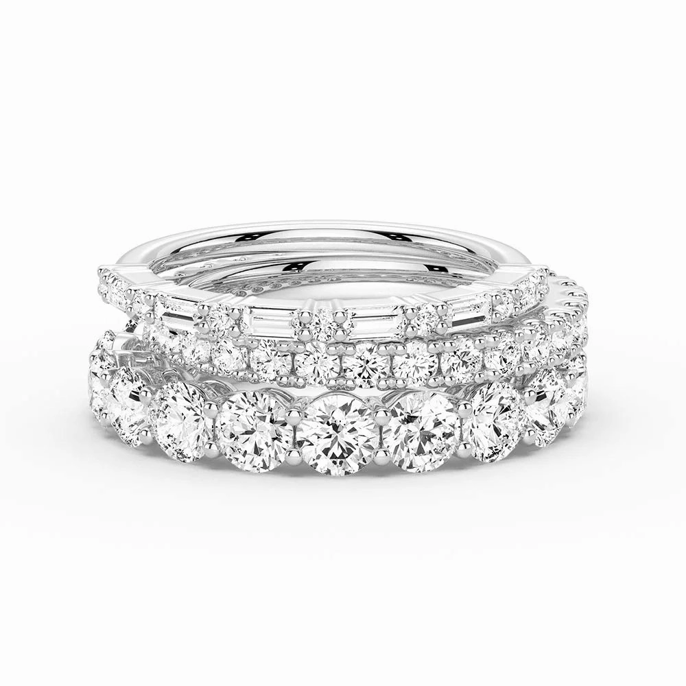 Round and Baguette Cut Moissanite Bands with French Pave Band Stacking Rings Gentle Shine