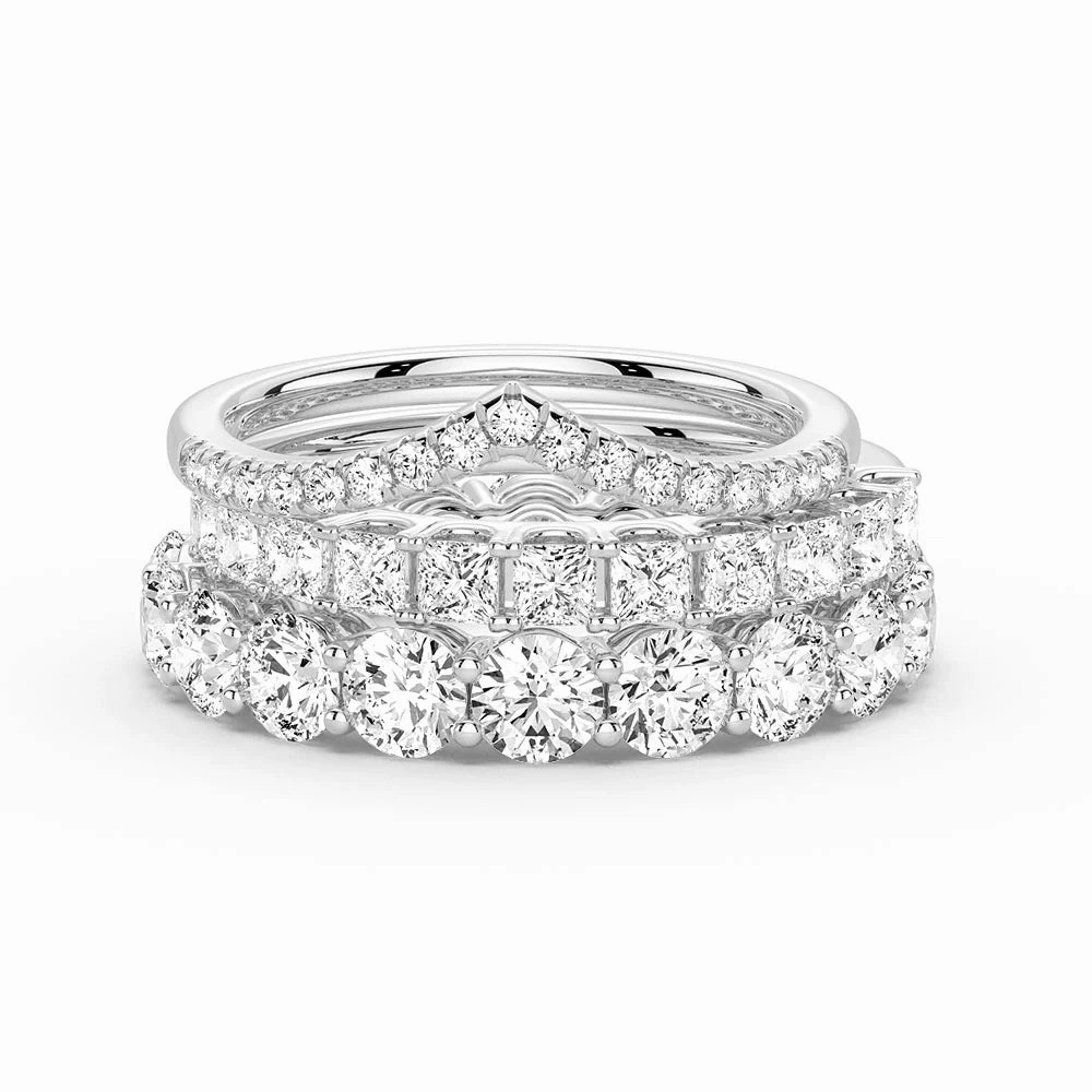Accent Piece Dazzling Sparkle Round And Princess Moissanite Eternity Bands with Curved V Wedding Stacking Rings