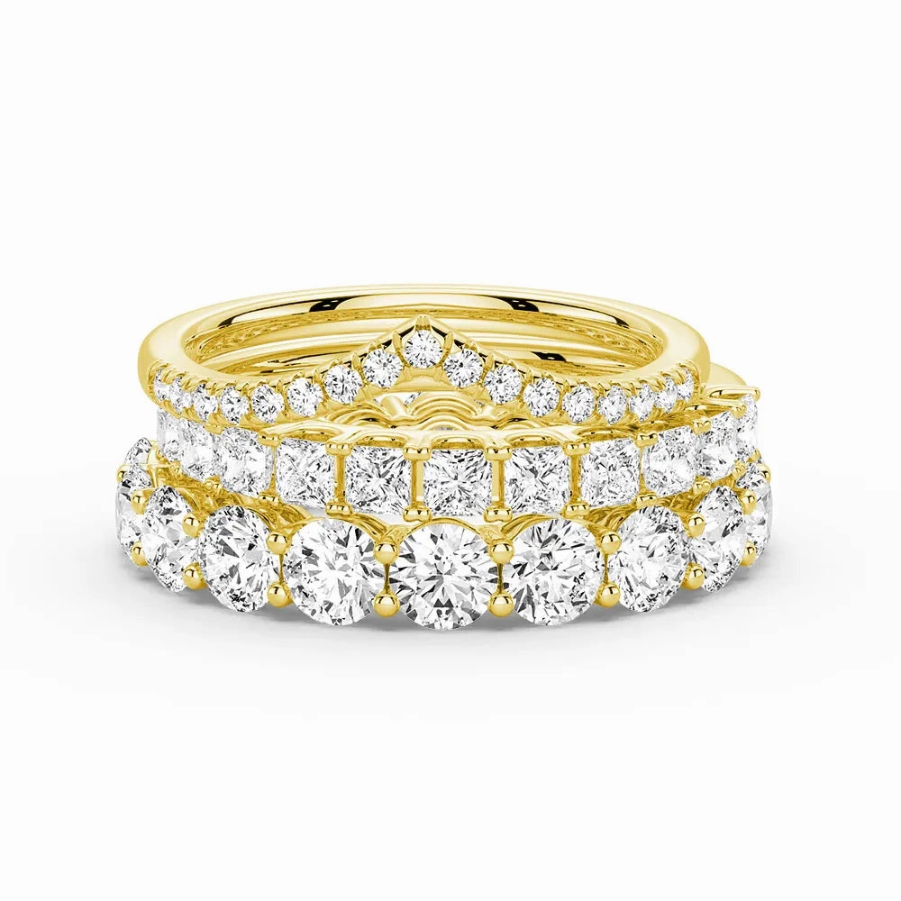 Statement Ready Round And Princess Moissanite Eternity Bands with Curved V Wedding Stacking Rings
