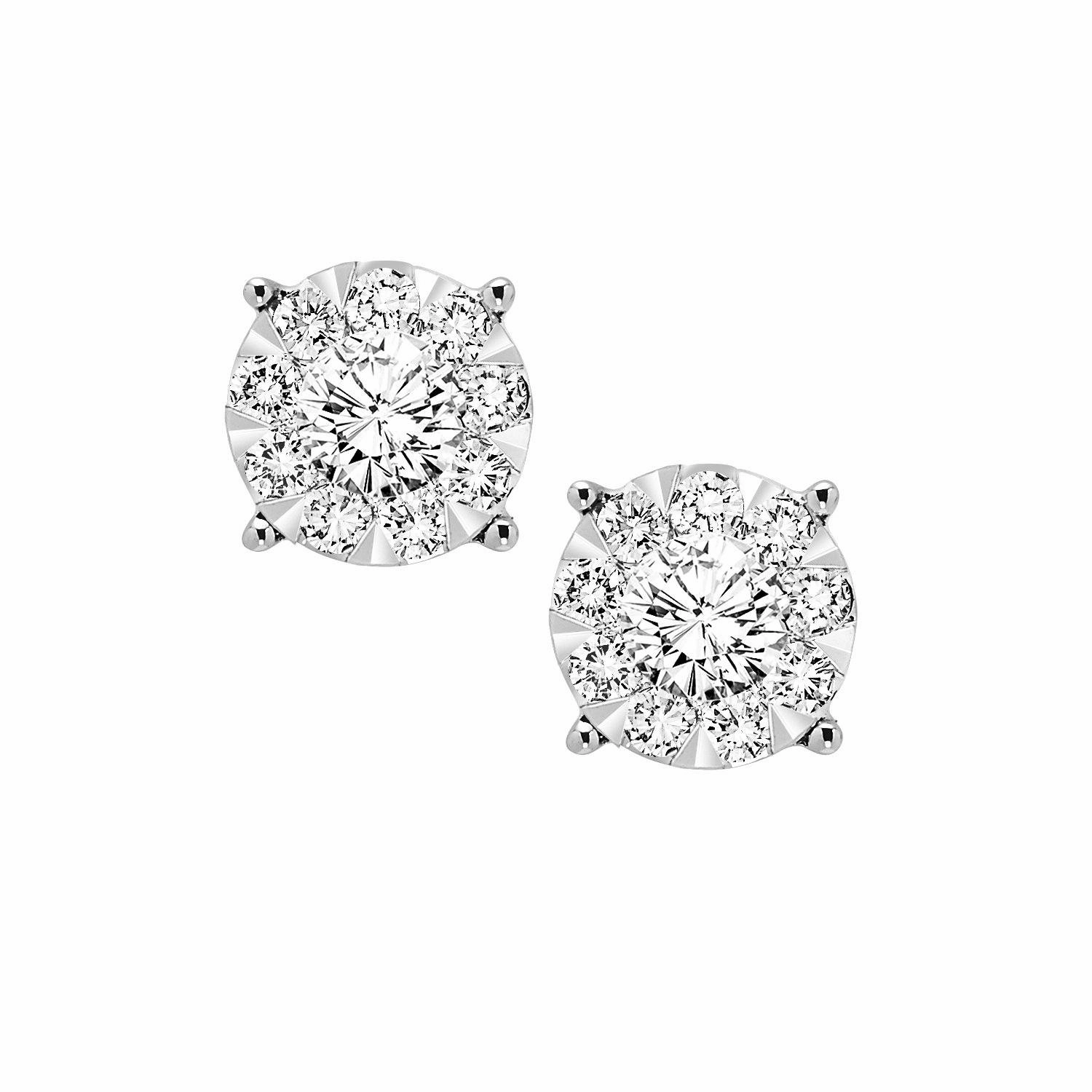 Round Cluster Diamond Stud Earrings 14K White Gold Miniature Accessory Big Accessory