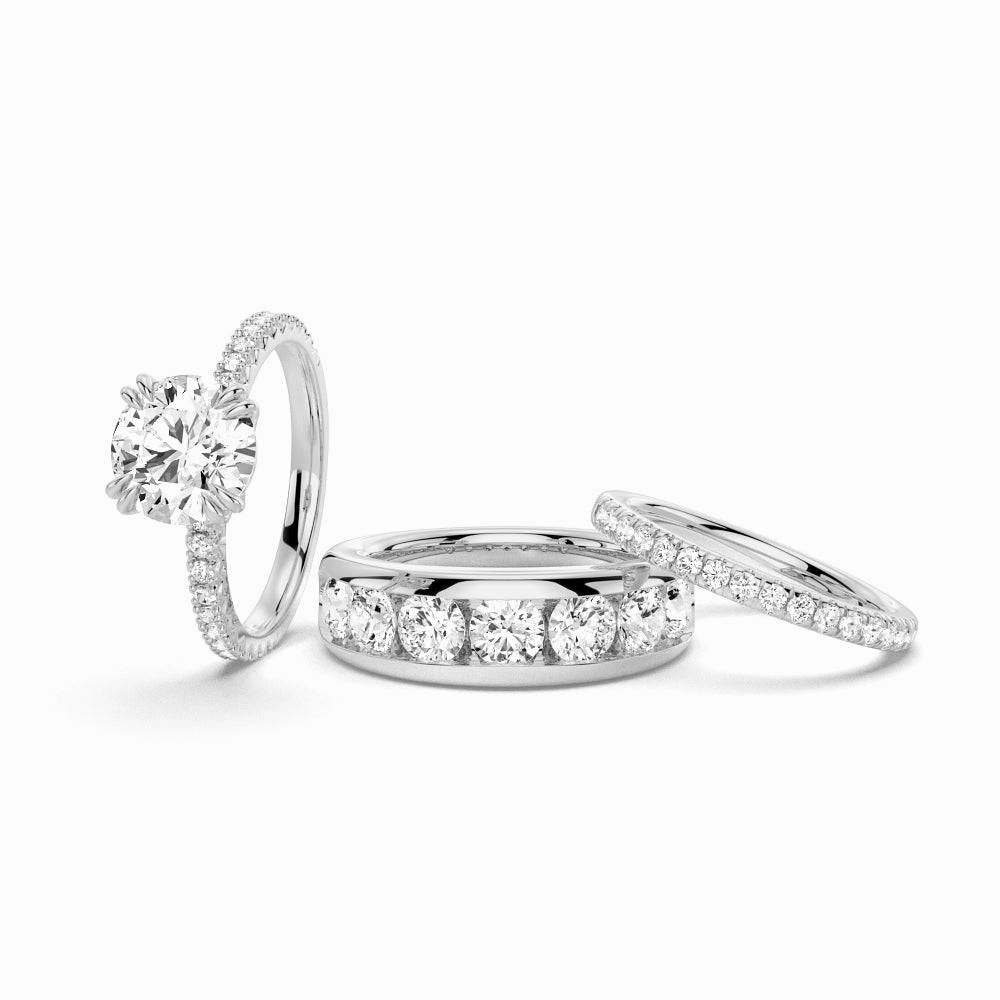 Round Cut Moissanite Couple's Ring Set with Men's Wedding Band Statement Style Gleaming Shine
