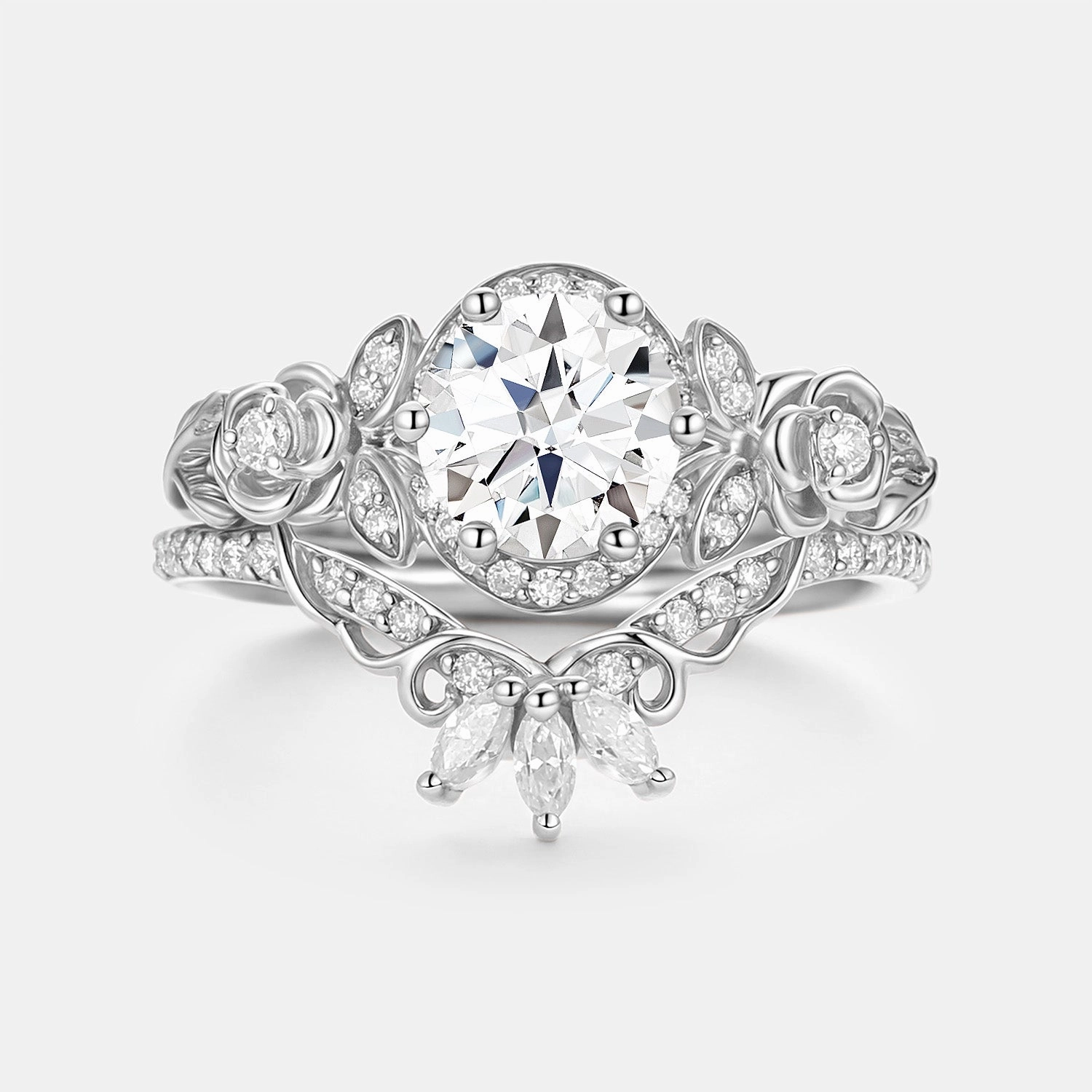 Photo Ready Round Cut Moissanite Flower Cluster Engagement Ring Set 2pcs