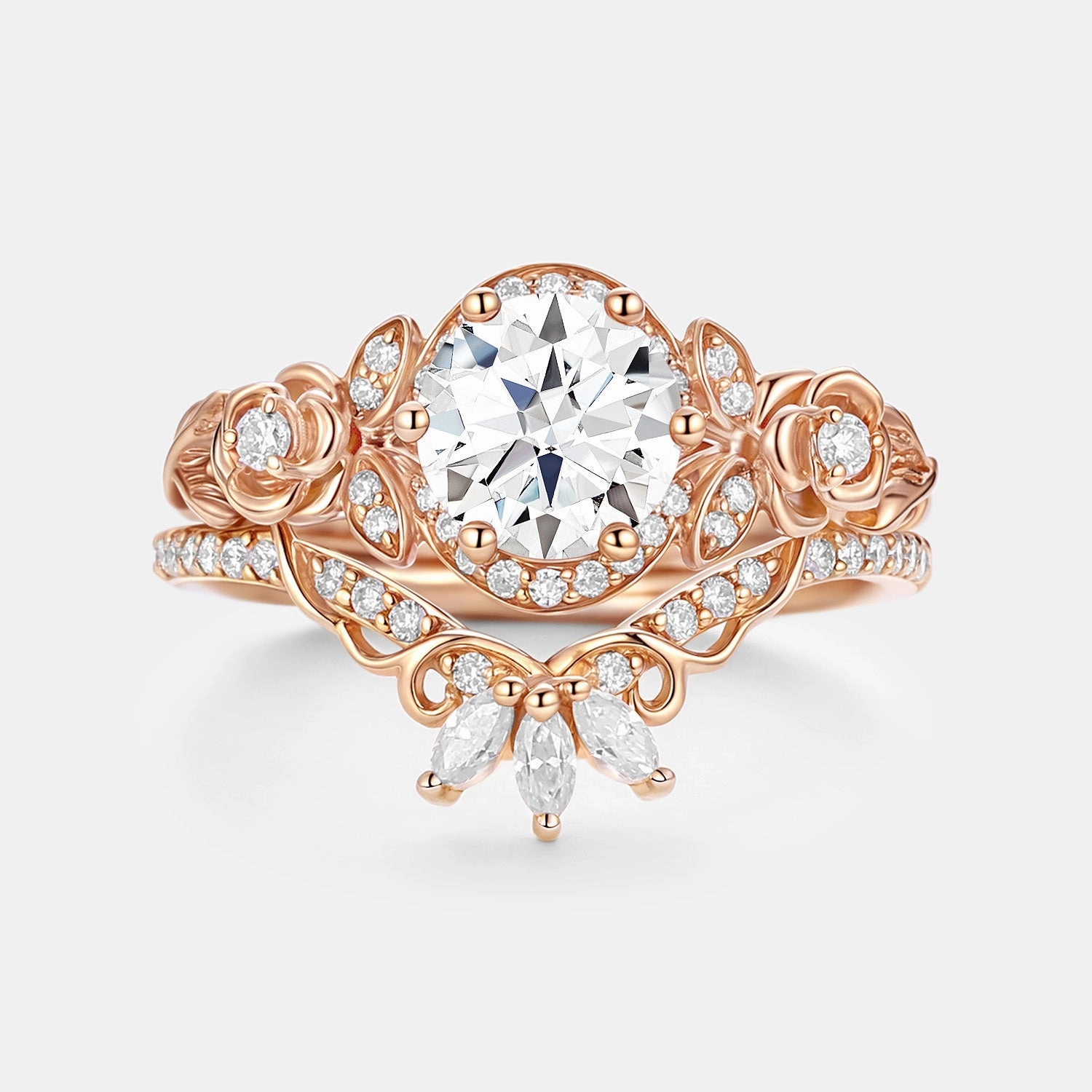 Round Cut Moissanite Flower Cluster Engagement Ring Set 2pcs Bold Design