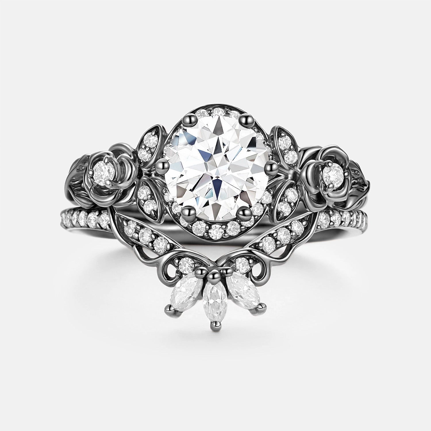 Round Cut Moissanite Flower Cluster Engagement Ring Set 2pcs Finest Highlight