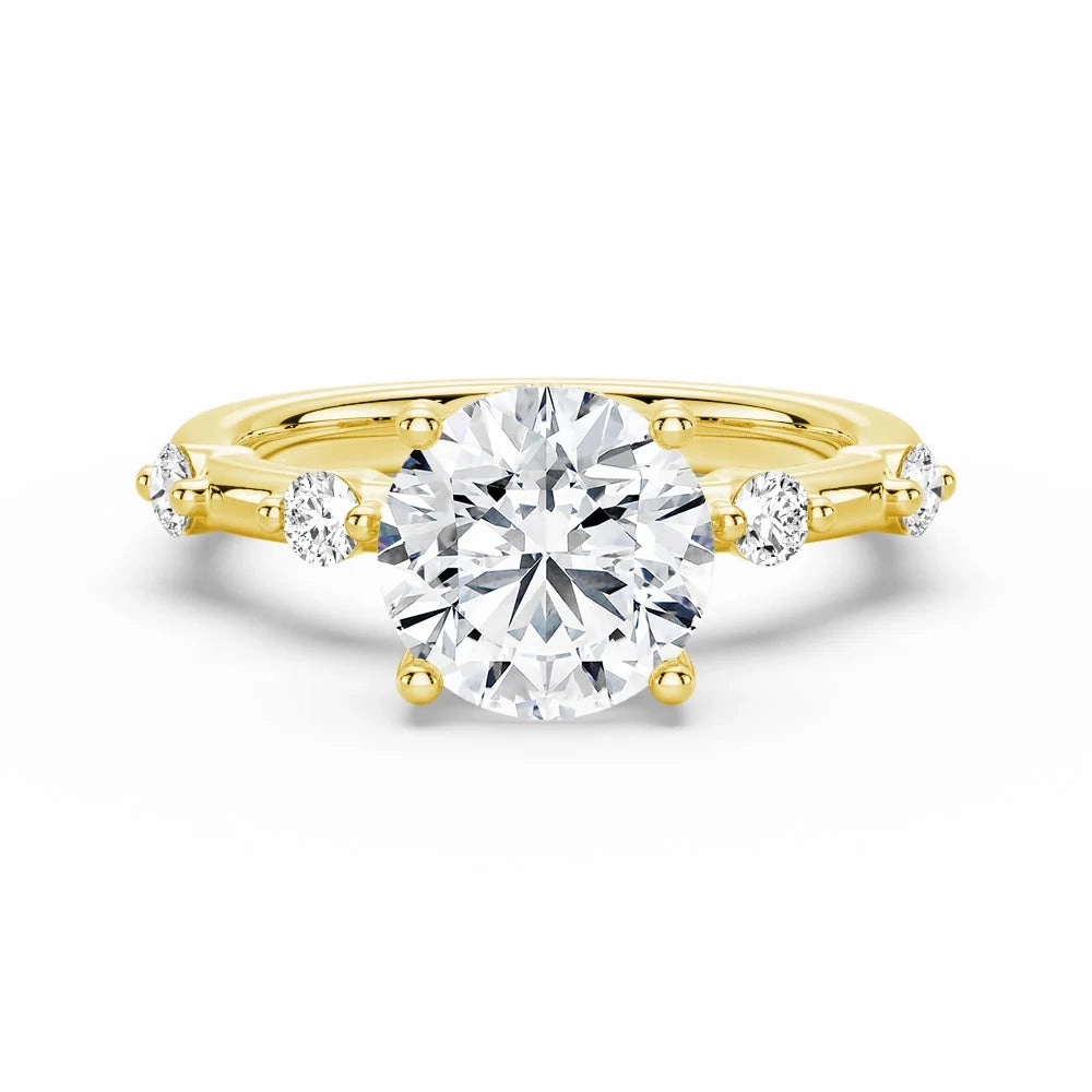 Crystal Clear Round Cut Moissanite Ring with Diamond Spaced Band and Hidden Halo