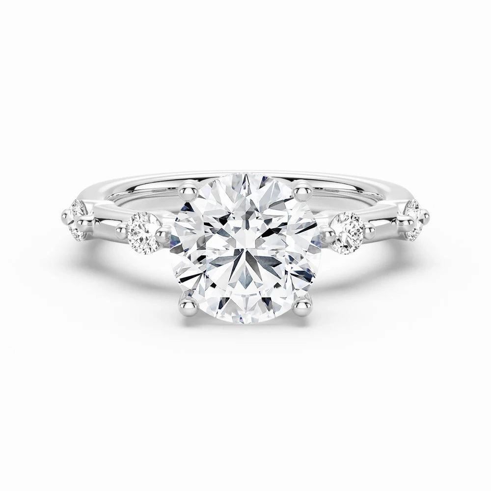 Fashion Gift Round Cut Moissanite Ring with Diamond Spaced Band and Hidden Halo