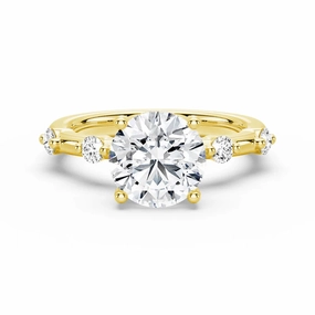Crystal Clear Round Cut Moissanite Ring with Diamond Spaced Band and Hidden Halo