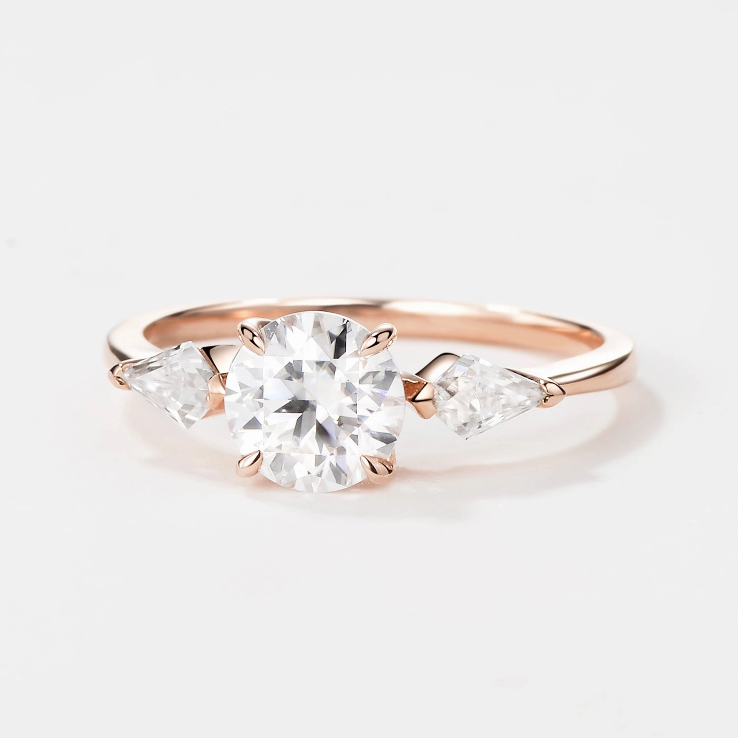 Subtle Highlight Shimmer Detail Round Cut Moissanite Rose Gold Engagement Ring