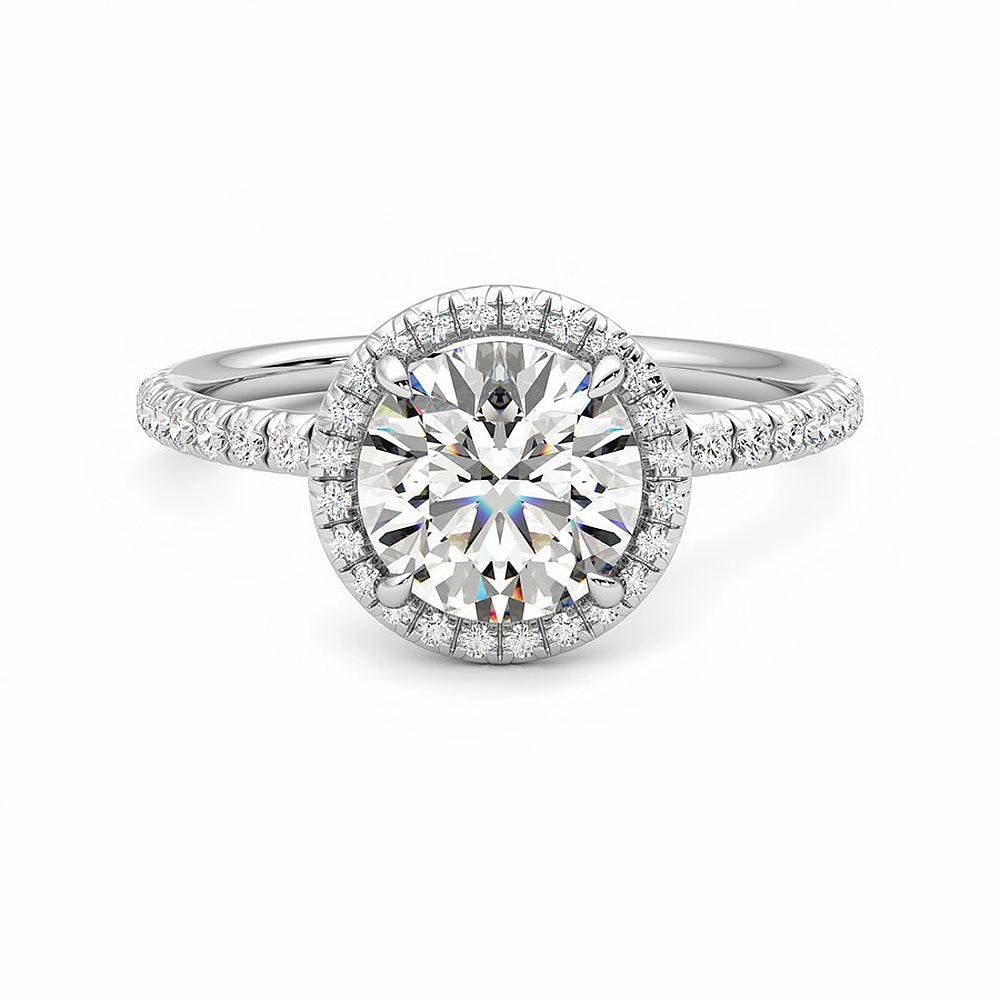 Sophisticated Shape Round Halo Moissanite Engagement Ring with Hidden Anniversary Stone Accent