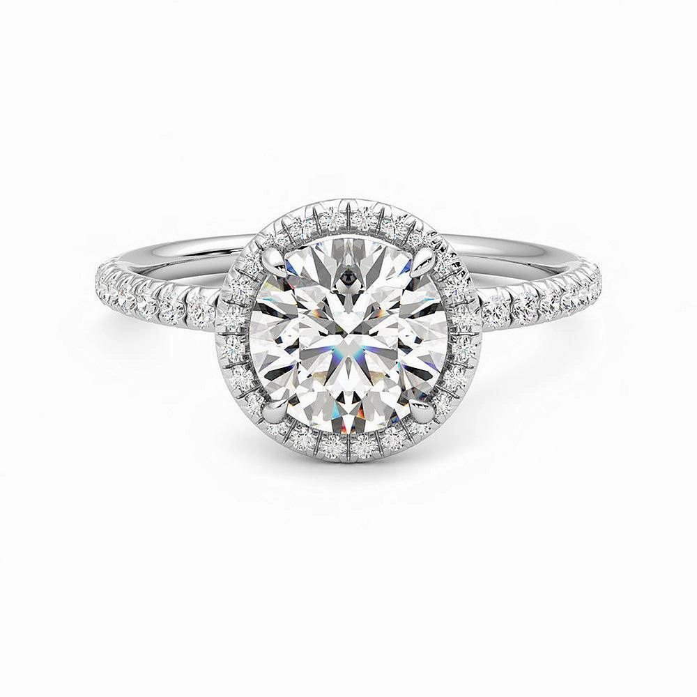 Close Focus Stylish Craft Round Halo Moissanite Engagement Ring with Hidden Anniversary Stone Accent