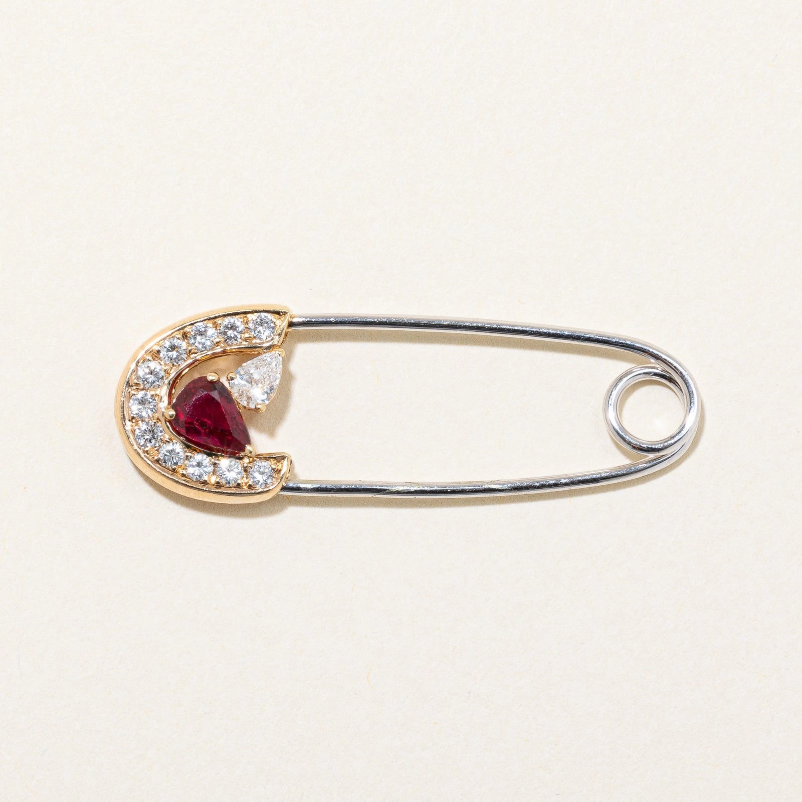 Ruby & Diamond Safety Pin Brooch | 0.30ctw, 0.25ctw | Sleek Highlight Muted Details