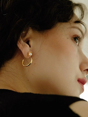 Ruby Pearl Earrings 18K Gold Minimalist Curved Earrings | Gold Pearl Stud Earrings Youthful Glow True Touch