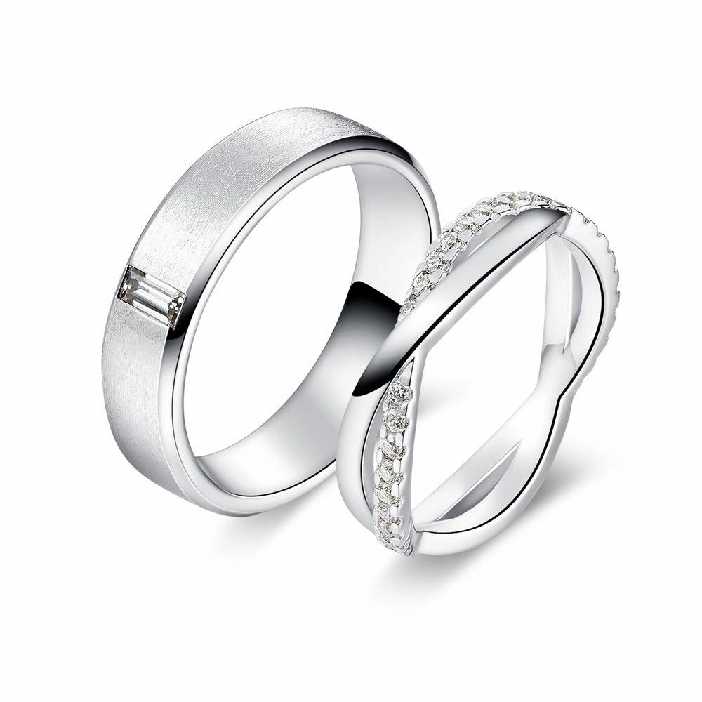 Satin Finish Emerald Cut and Infinity Moissanite Eternity Couple's Ring Set Subtle Finish