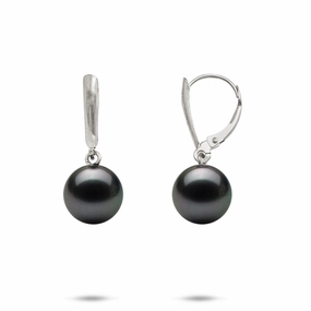 Golden Accent Tahitian Black Pearl Earrings in White Gold - 9-10mm
