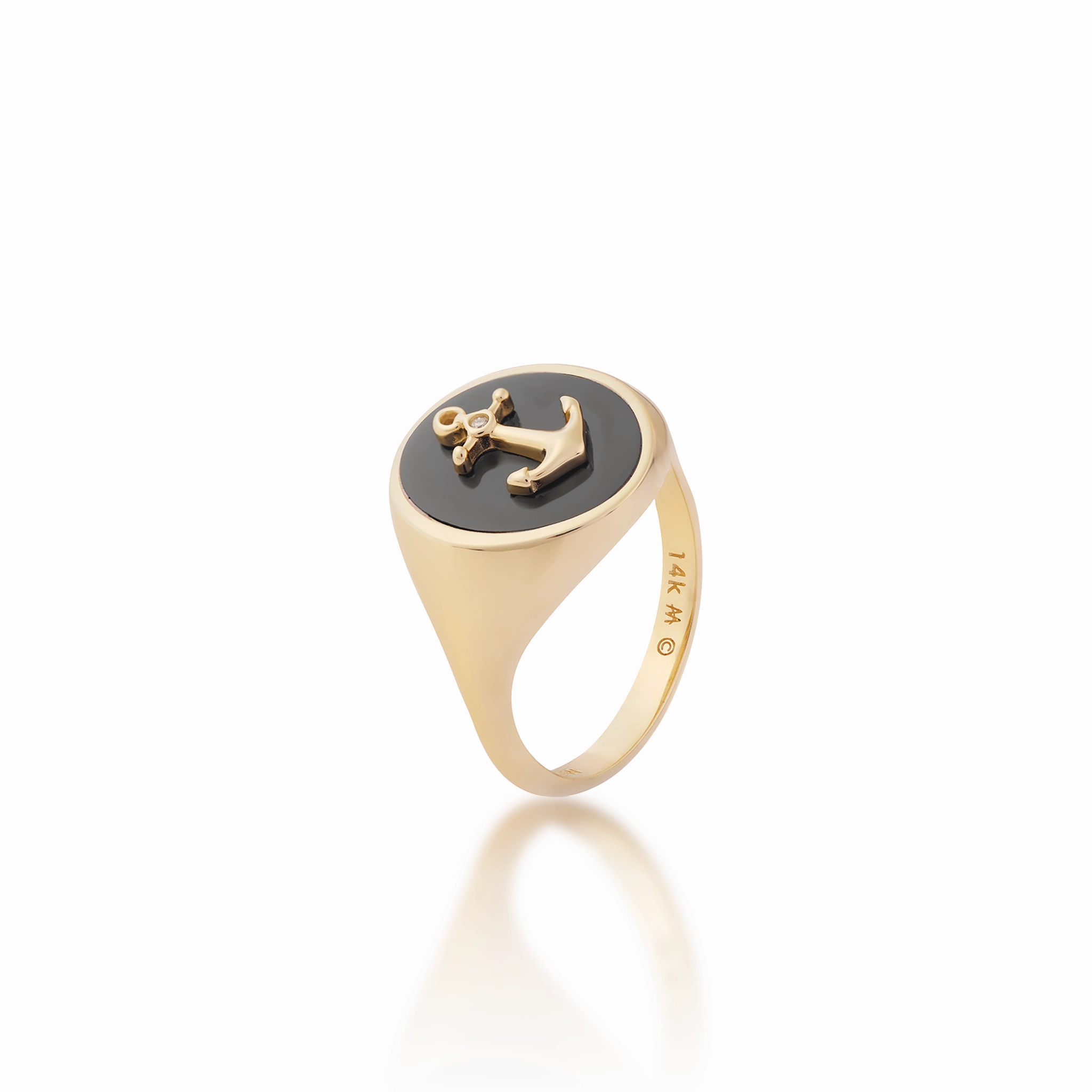 Sleek Sparkle Sealife Anchor Black Coral Signet Ring in Gold with Diamond - 14mm