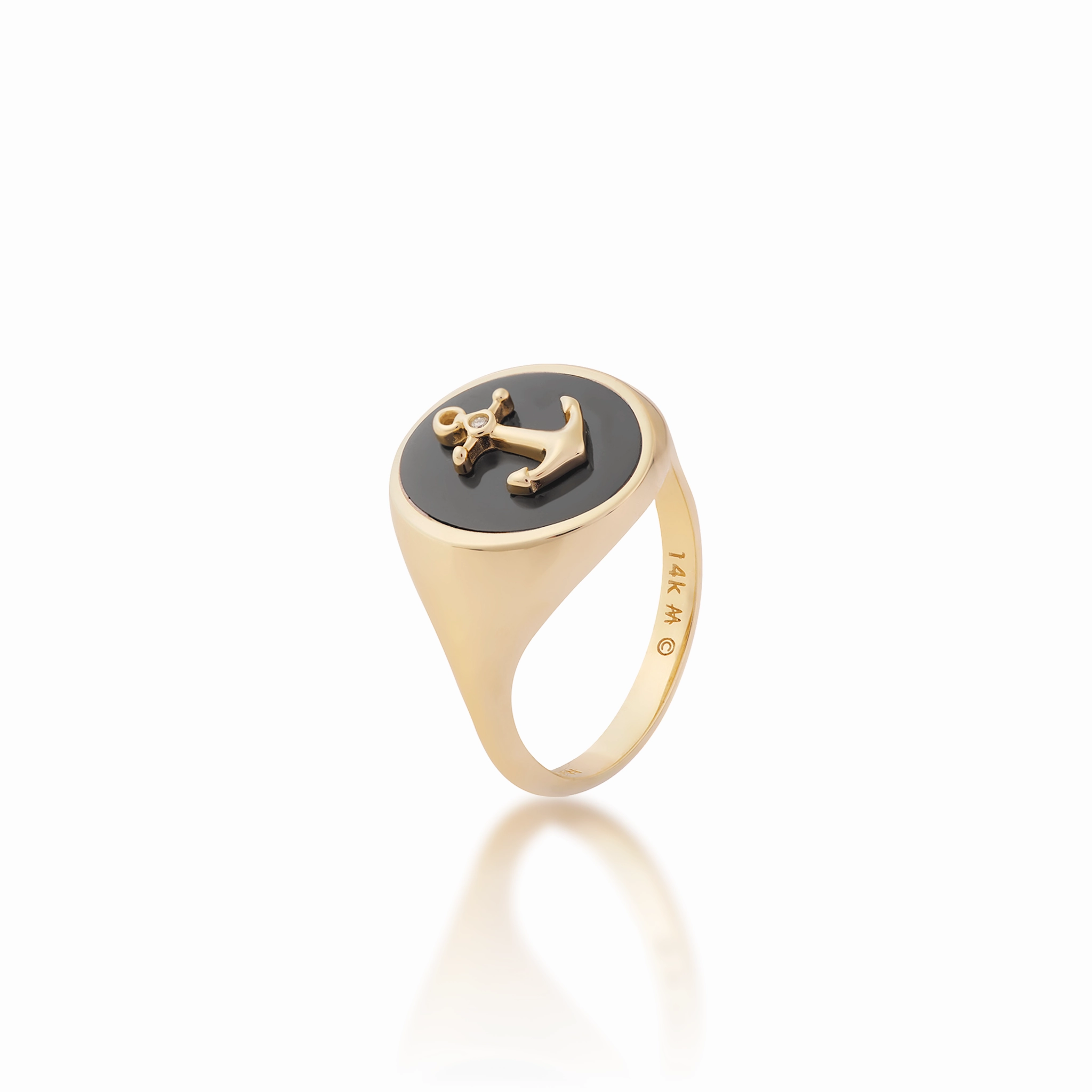 Sealife Anchor Black Coral Signet Ring in Gold with Diamond - 14mm Subtle Spark