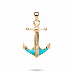Sealife Anchor Turquoise Pendant in Gold with Diamonds - 28mm Gleaming Feature Ethereal Mood