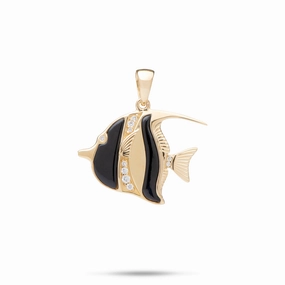 Sealife Angelfish Black Coral Pendant in Gold with Diamonds - 23mm Distinct Form Stylish Spark