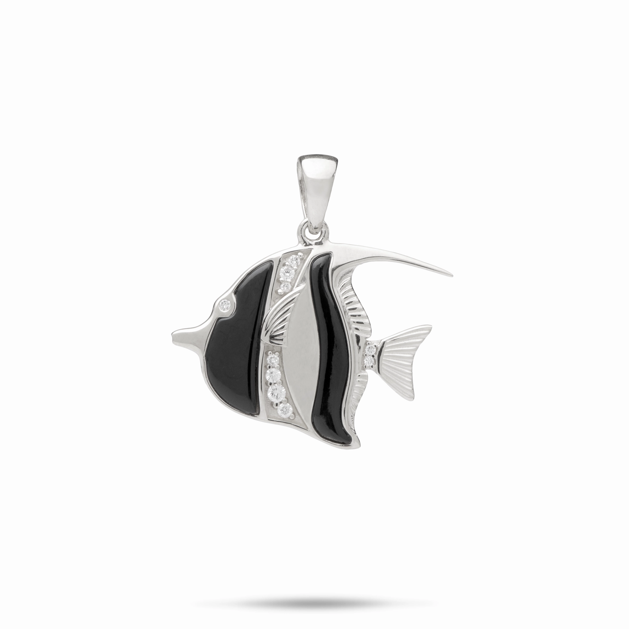 Sealife Angelfish Black Coral Pendant in White Gold with Diamonds - 23mm Glam Pairing Vibrant Craft