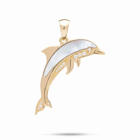 Vivid Finish Sealife Dolphin Mother of Pearl Pendant in Gold with Diamonds - 29mm