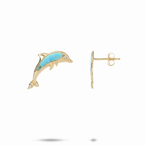 Refined Detail Sealife Dolphin Turquoise Earrings in Gold with Diamonds