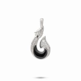 Elegant Style Sealife Fish Hook Black Coral Pendant in White Gold with Diamonds - 27mm