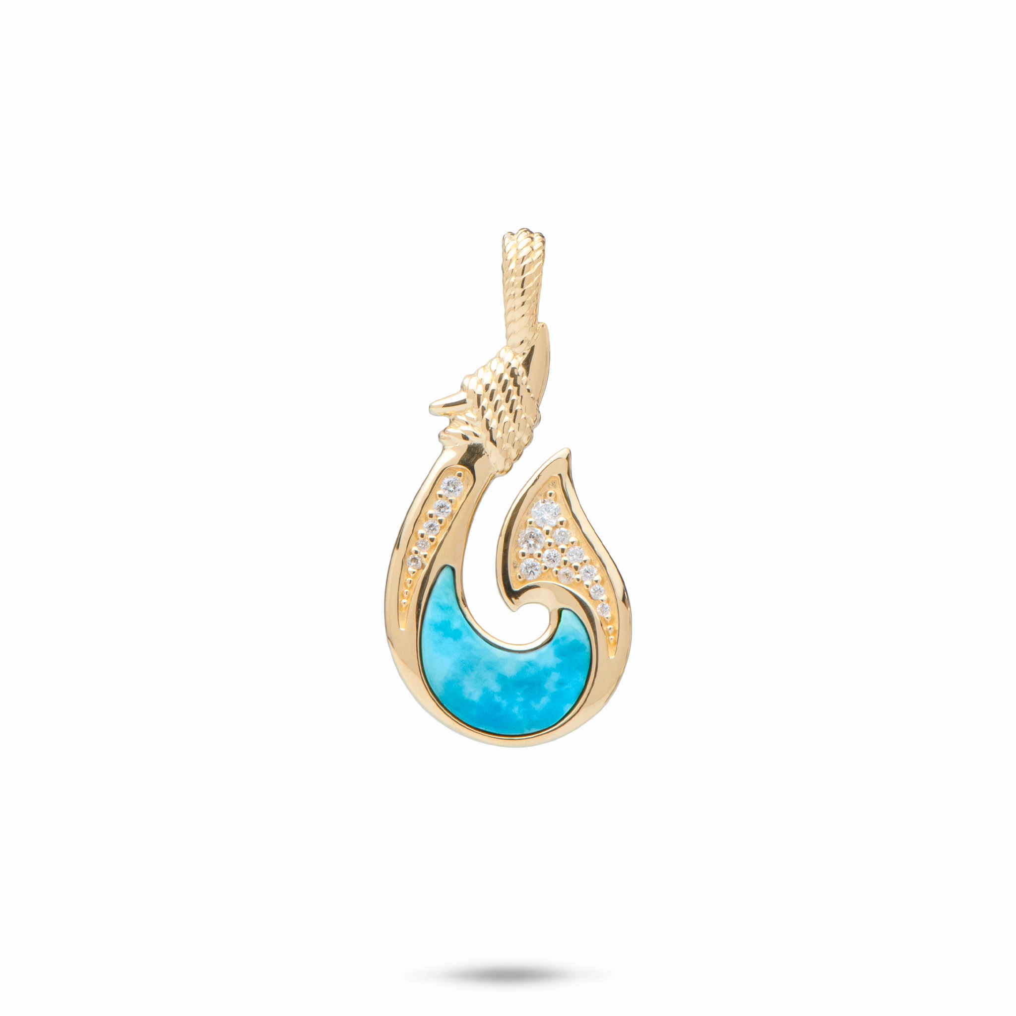 Lively Spirit Vintage Detail Sealife Fish Hook Turquoise Pendant in Gold with Diamonds - 27mm