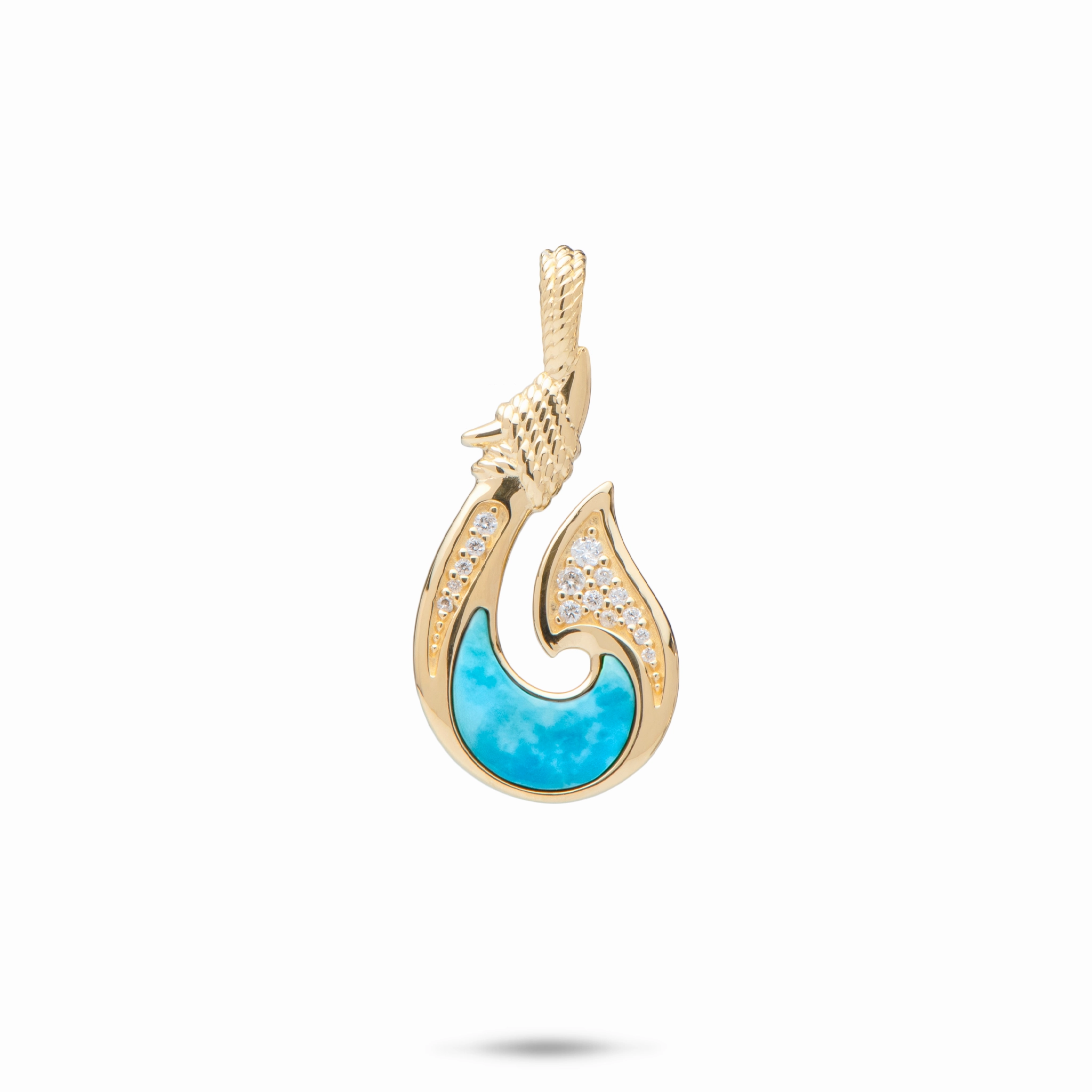 Sealife Fish Hook Turquoise Pendant in Gold with Diamonds - 27mm Modern Charm