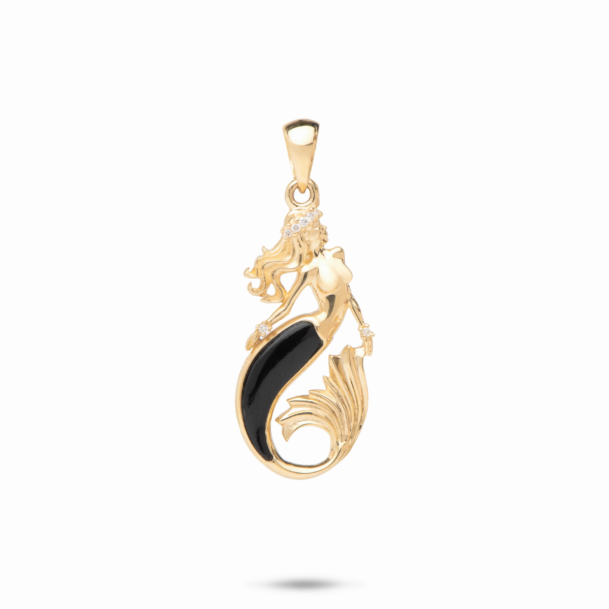 Refined Elegance Sealife Mermaid Black Coral Pendant in Gold with Diamonds - 24mm