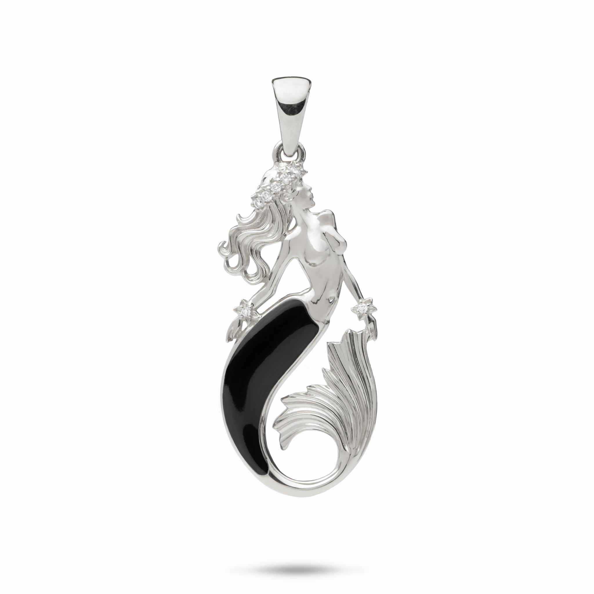 Perfect Accent Distinctive Shine Sealife Mermaid Black Coral Pendant in White Gold with Diamonds - 29mm