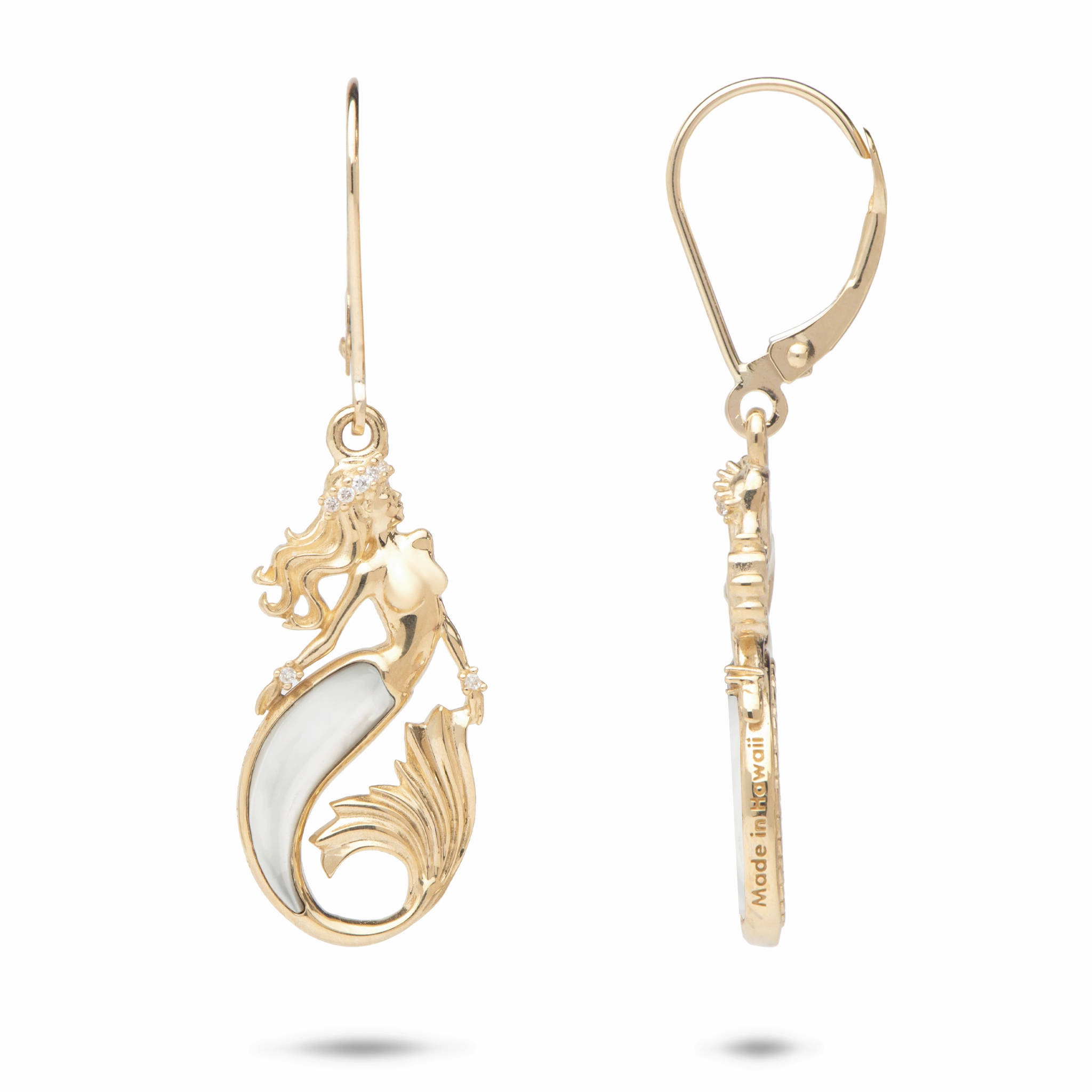 Sealife Mermaid Mother of Pearl Earrings in Gold with Diamonds - 24mm Modern Layer Light Pop