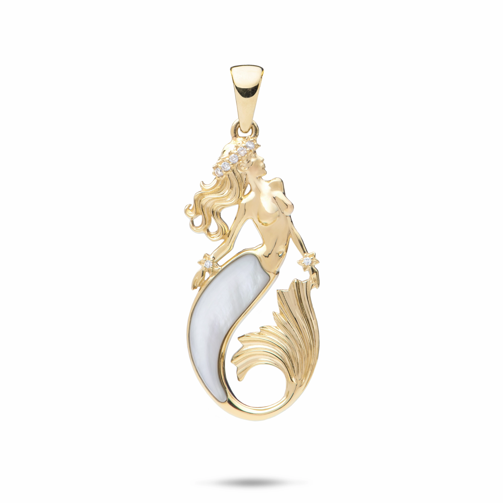 Sealife Mermaid Mother of Pearl Pendant in Gold with Diamonds - 30mm Trendy Edge