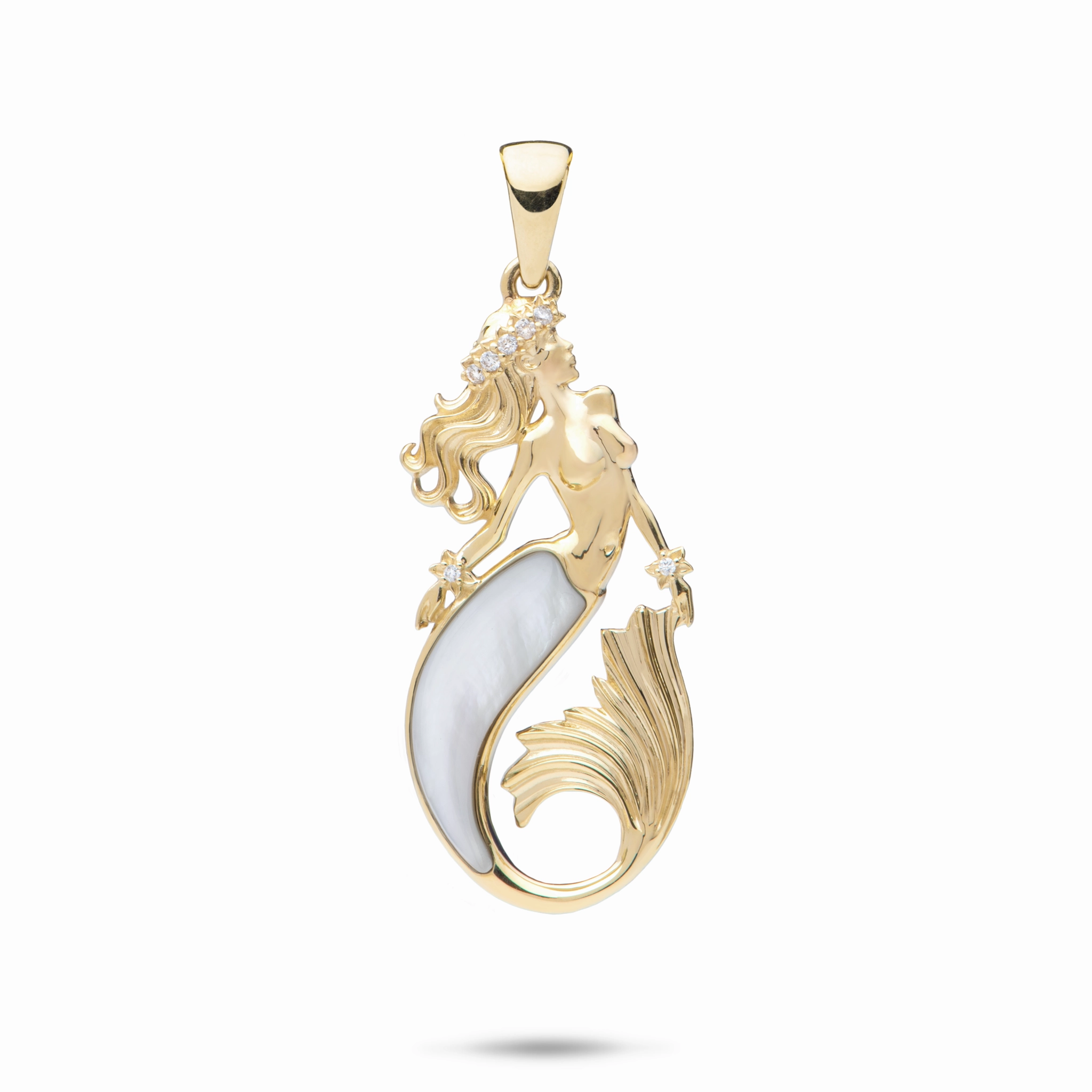 Sealife Mermaid Mother of Pearl Pendant in Gold with Diamonds - 30mm Occasion Ready