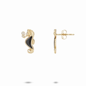 Eternal Classic Sealife Seahorse Black Coral Earrings in Gold with Diamonds - 15mm