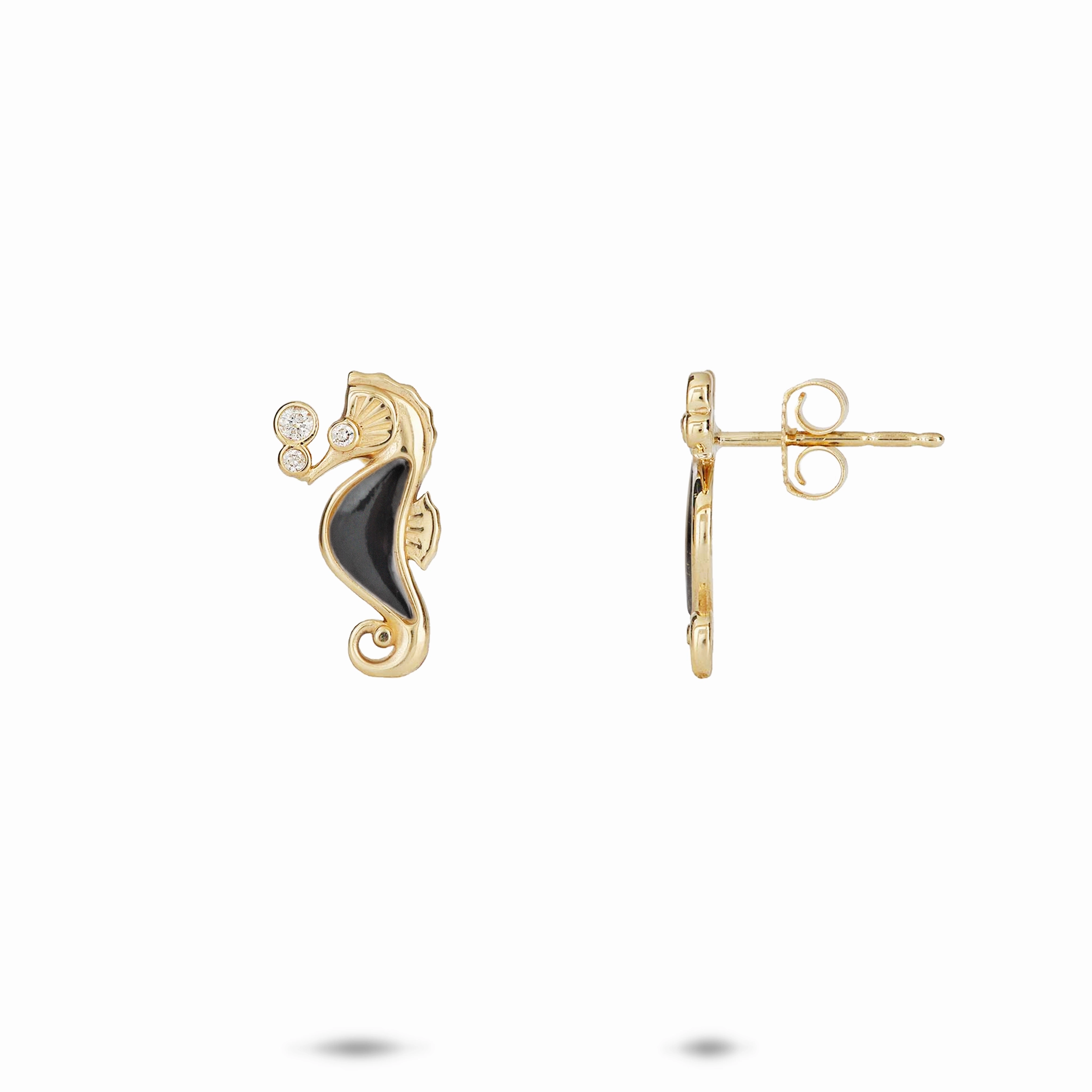 Brilliant Shine Sealife Seahorse Black Coral Earrings in Gold with Diamonds - 15mm