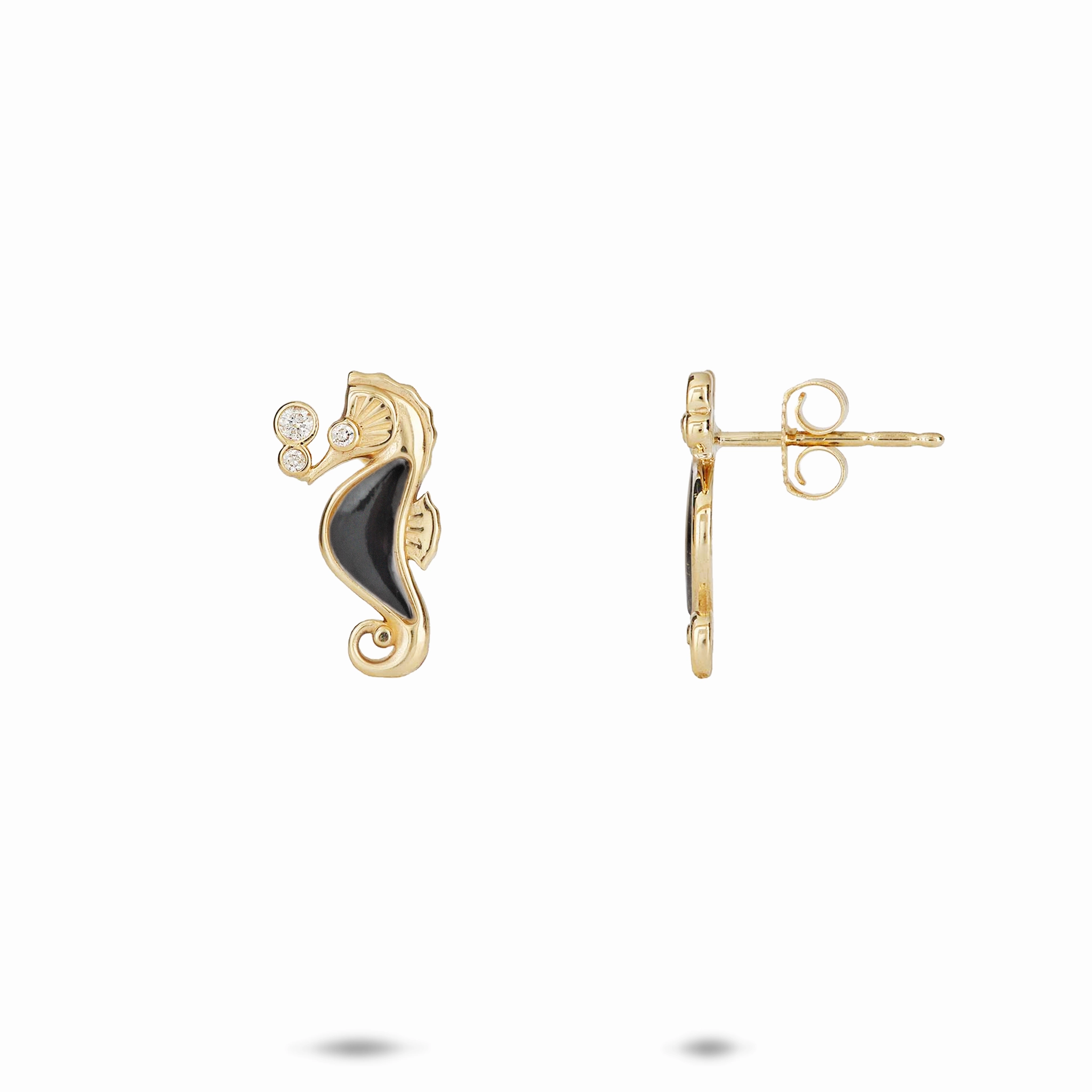 Eternal Classic Sealife Seahorse Black Coral Earrings in Gold with Diamonds - 15mm
