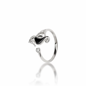 Party Detail Radiant Finish Sealife Seahorse Black Coral Ring in White Gold with Diamonds - 15mm