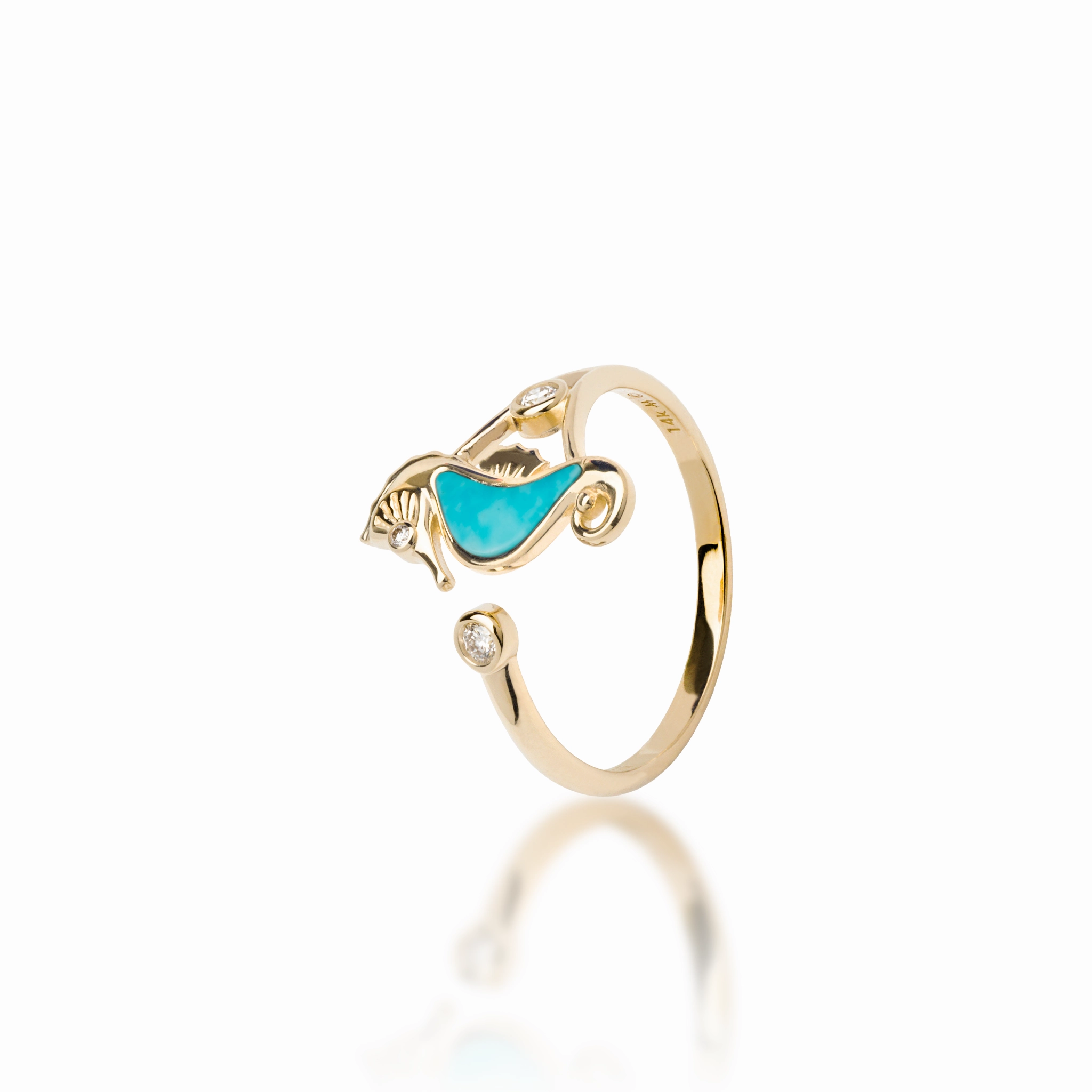Bold Layering Evening Gift Sealife Seahorse Turquoise Ring in Gold with Diamonds - 15mm