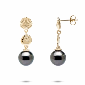 Statement Piece Celebration Ready Seashells Tahitian Black Pearl Earrings in Gold - 9-10mm