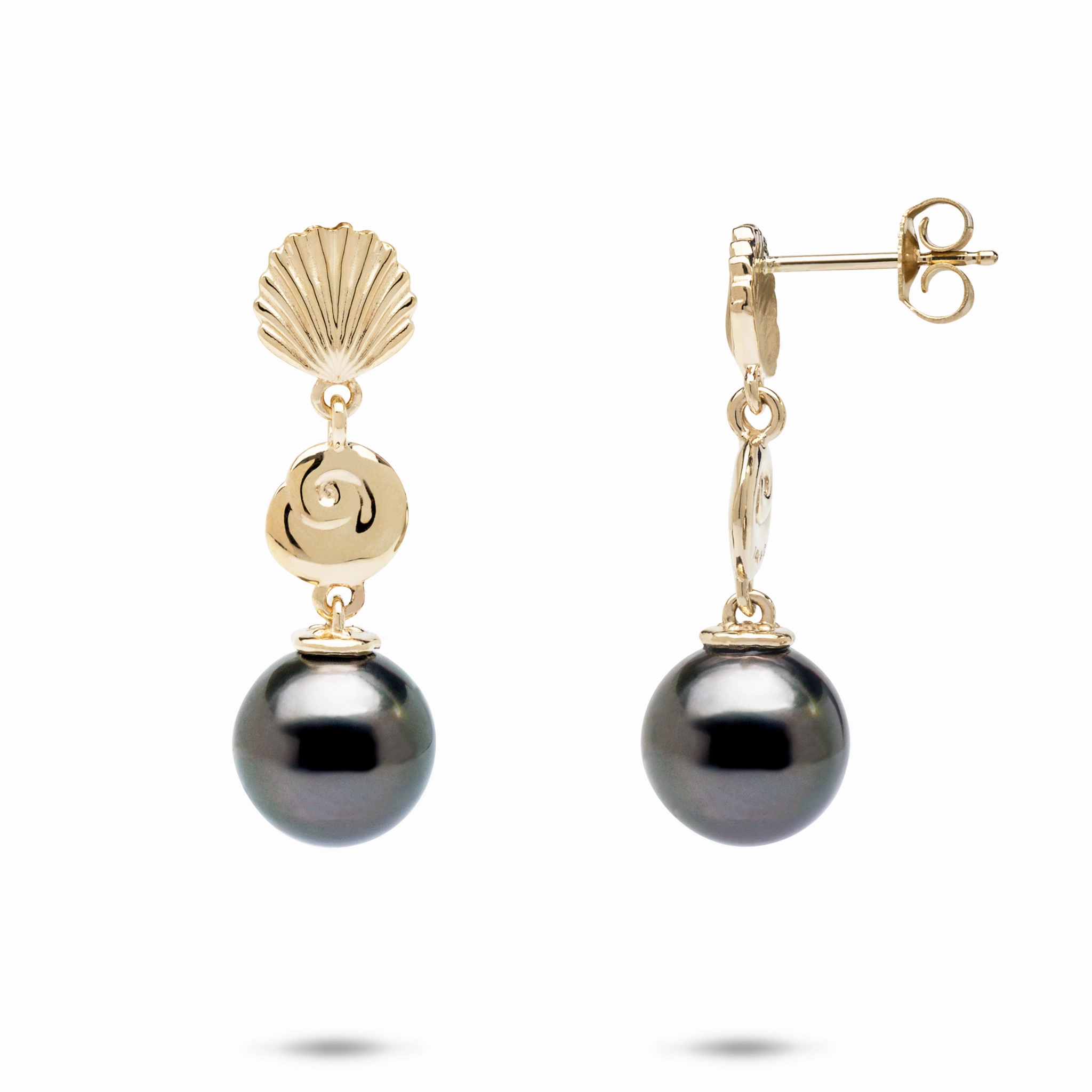 Statement Piece Celebration Ready Seashells Tahitian Black Pearl Earrings in Gold - 9-10mm