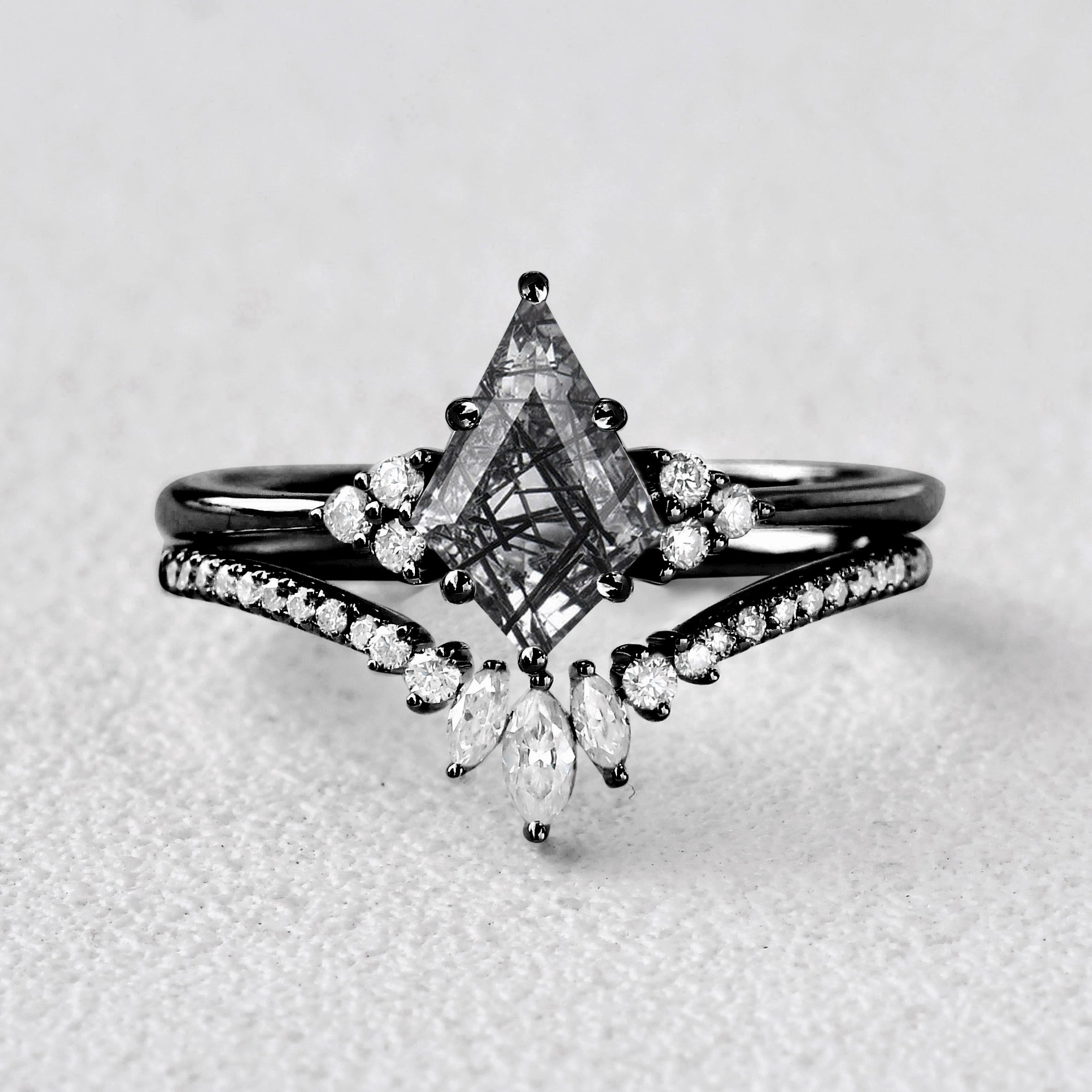 Handcrafted Statement Beloved Gift Black Gold Moss Agate Engagement Ring Set 2pcs - Lydia