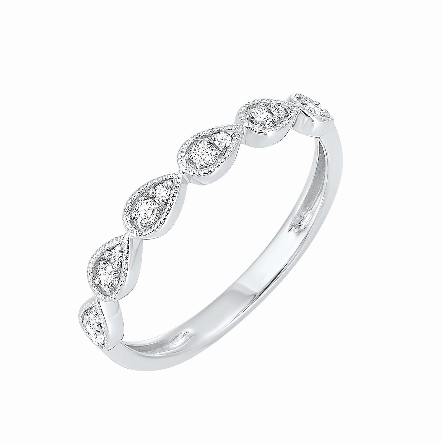 Pear Shaped Station Round Diamond Ring 14K White Gold Wonderful Style Fantastic Craft