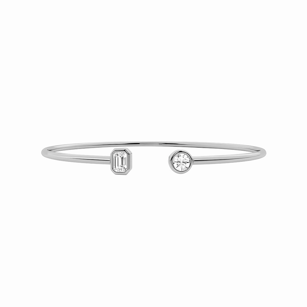 Modern Minimal Round and Emerald Lab Grown Diamond Open Bangle Bracelet
